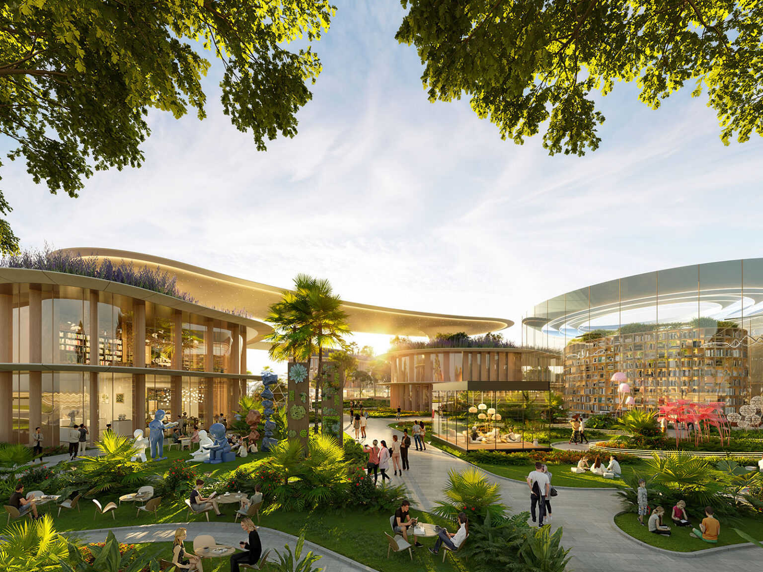 Modern garden with people and architecture.