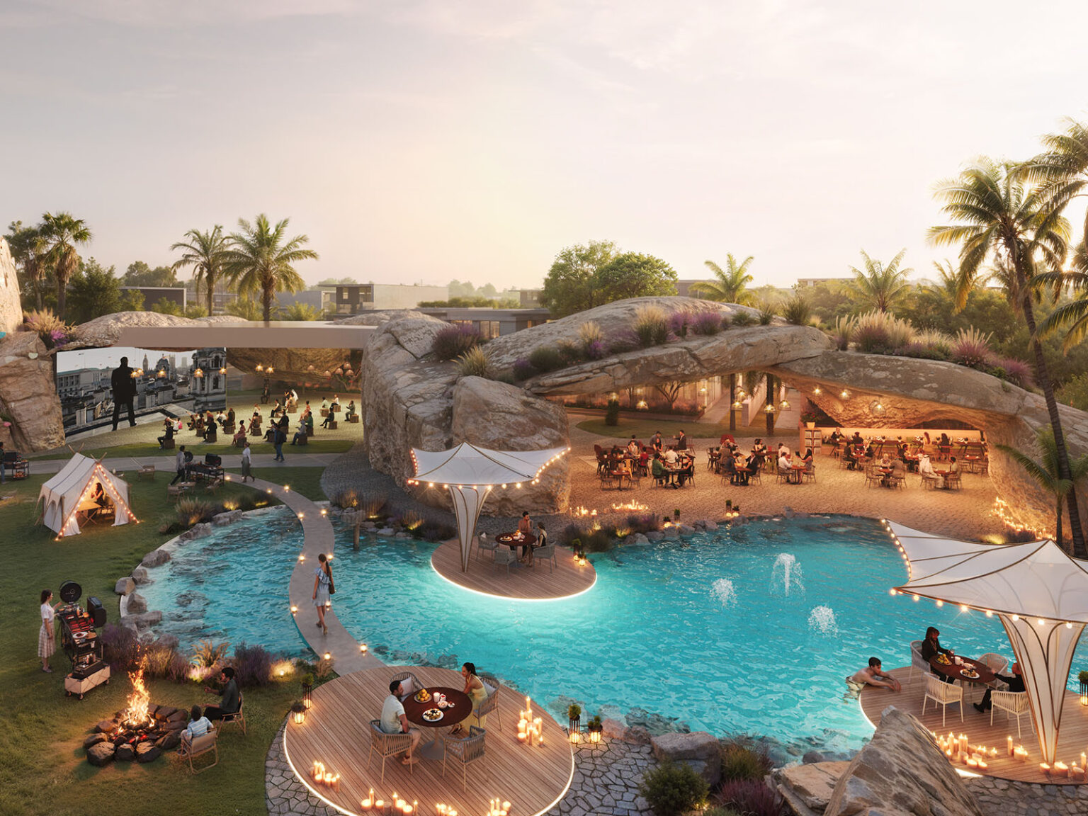 Luxurious outdoor dining by pool