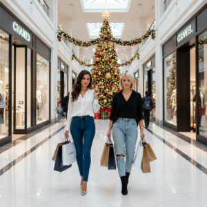 Shopper holding bags during winter sales in Abu Dhabi mall.