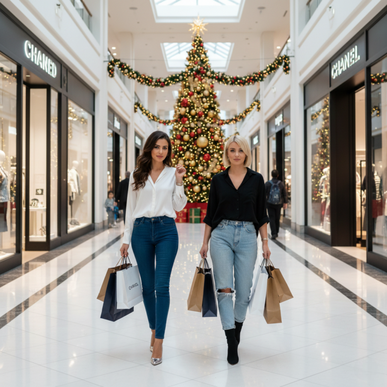 Shopper holding bags during winter sales in Abu Dhabi mall.