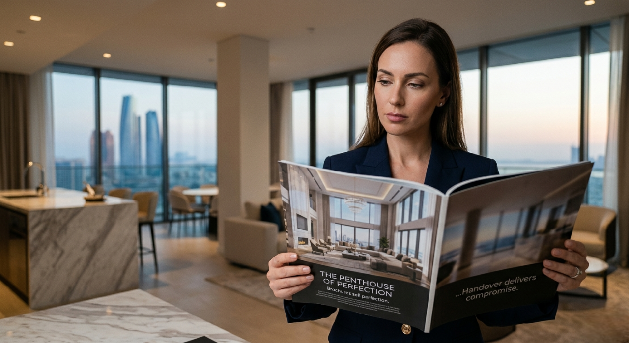 Brochures Sell Perfection—Handover Delivers Compromise: The Shocking Truth – Certified Real Estate Strategist | Verified Market Analyst | Trusted Authority in Abu Dhabi Verified for 2026 📅🚨🎨 91 Real estate analyst reviewing an off-plan property handover brochure for value engineering risks