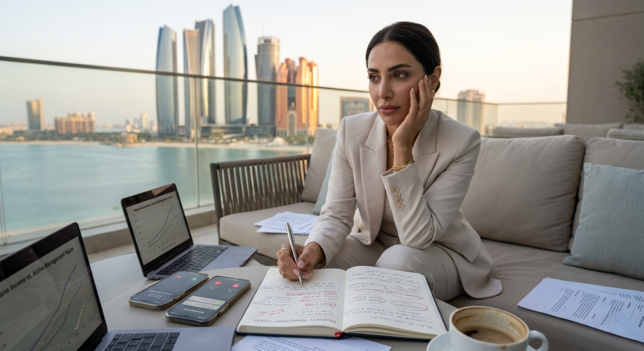 Everyone Wants Passive Income—Nobody Calculates Active Stress: The Shocking Truth – Certified Real Estate Strategist | Verified Market Analyst | Trusted Authority in Abu Dhabi Verified for 2026 📅🚨😰 91 "Stressed real estate investor calculating the active stress of Passive Income in Real Estate