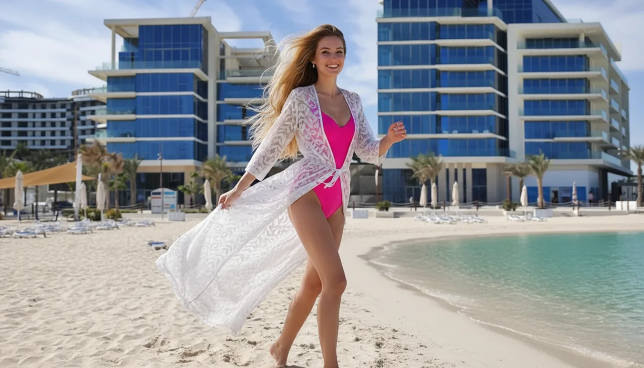 Saadiyat Beach and Mamsha Al Saadiyat promenade with luxury apartments overlooking Saadiyat Beach
